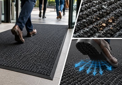 Ribbed door mat catching dirt and absorbing shoe moisture.
