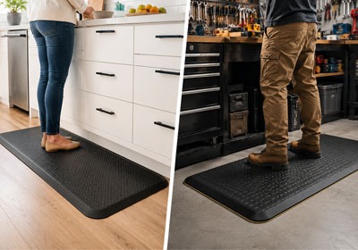People standing on anti-fatigue mats at home and work.