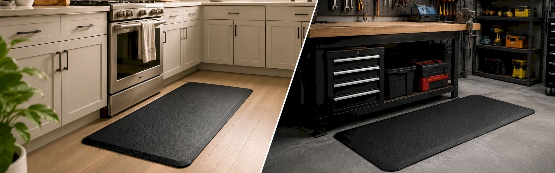 Anti-fatigue mats shown in a kitchen and a workshop.